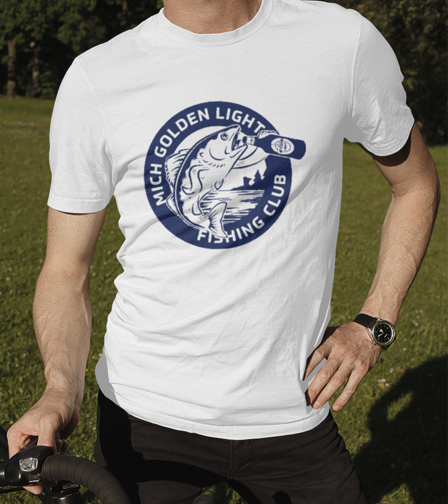 Mich Golden Light Fishing Club Logo With Fish And Bottle T-Shirt