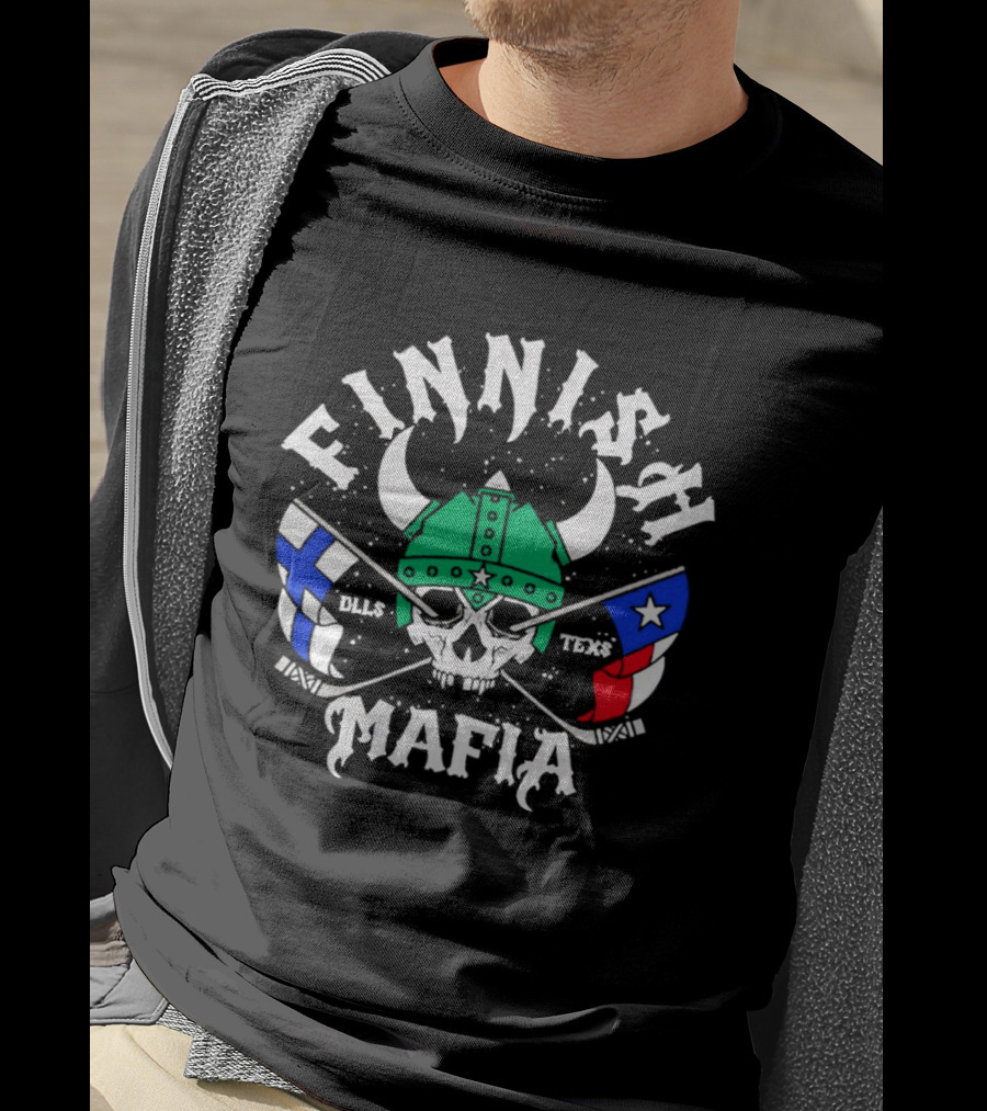 Finnish Mafia Skull Helm Crossed Sticks Finland Dallas Texas Flags T-Shirt