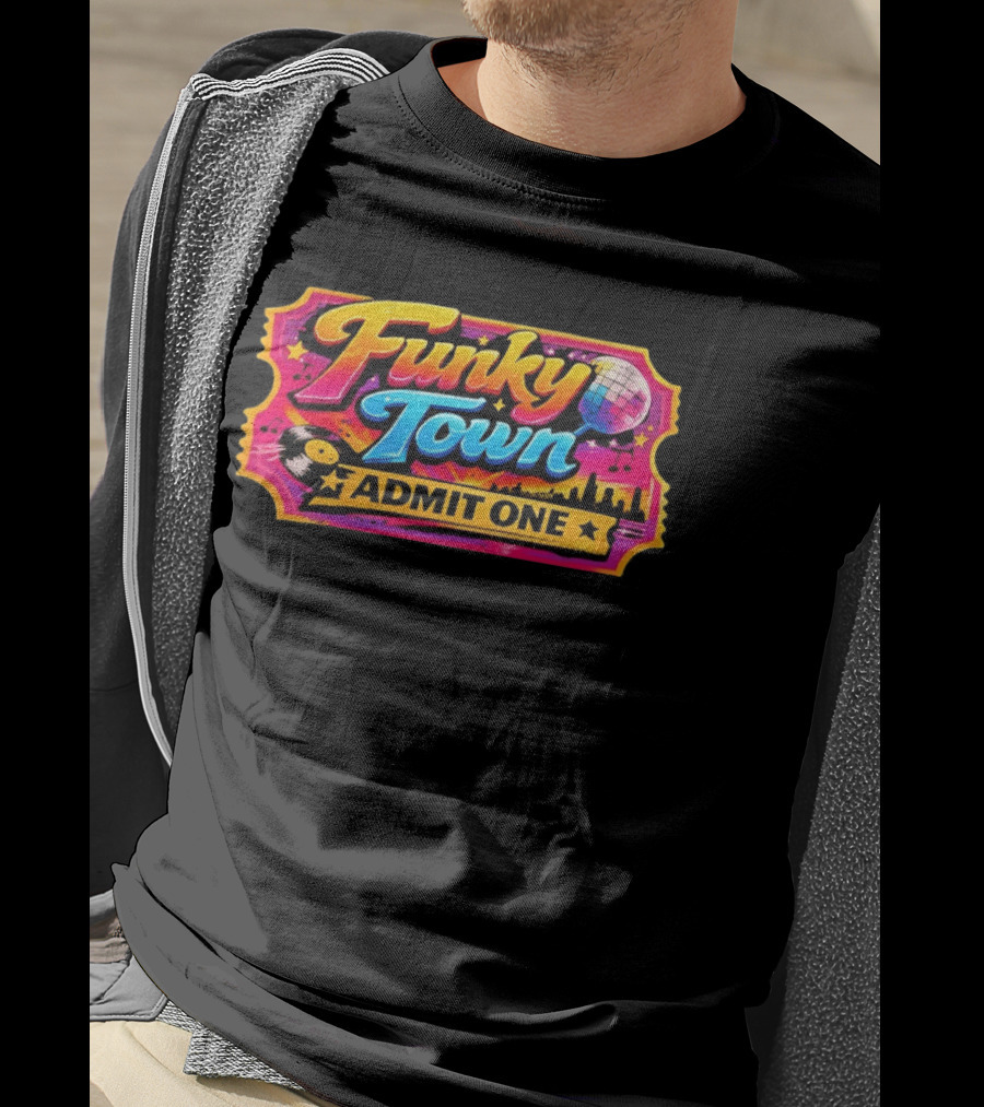 Funky Town Admit One Disco Ticket Skyline Vinyl Record T-Shirt