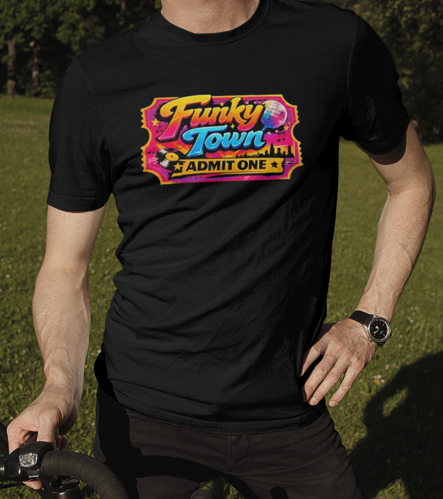 Funky Town Admit One Disco Ticket Skyline Vinyl Record T-Shirt