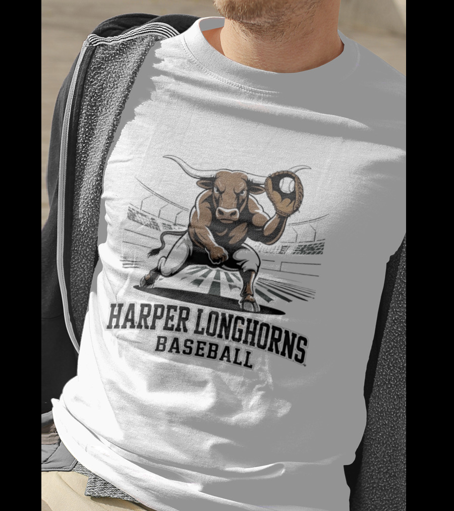 Harper Longhorns Baseball Fierce Bull Mascot Stadium Scene T-Shirt
