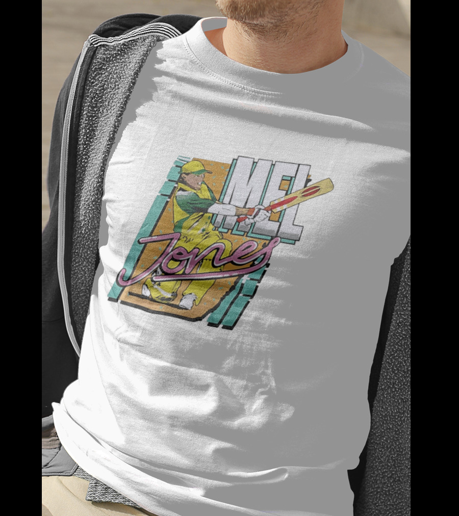 Mel Jones Cricket Caricature Batting Legend In Green And Gold T-Shirt