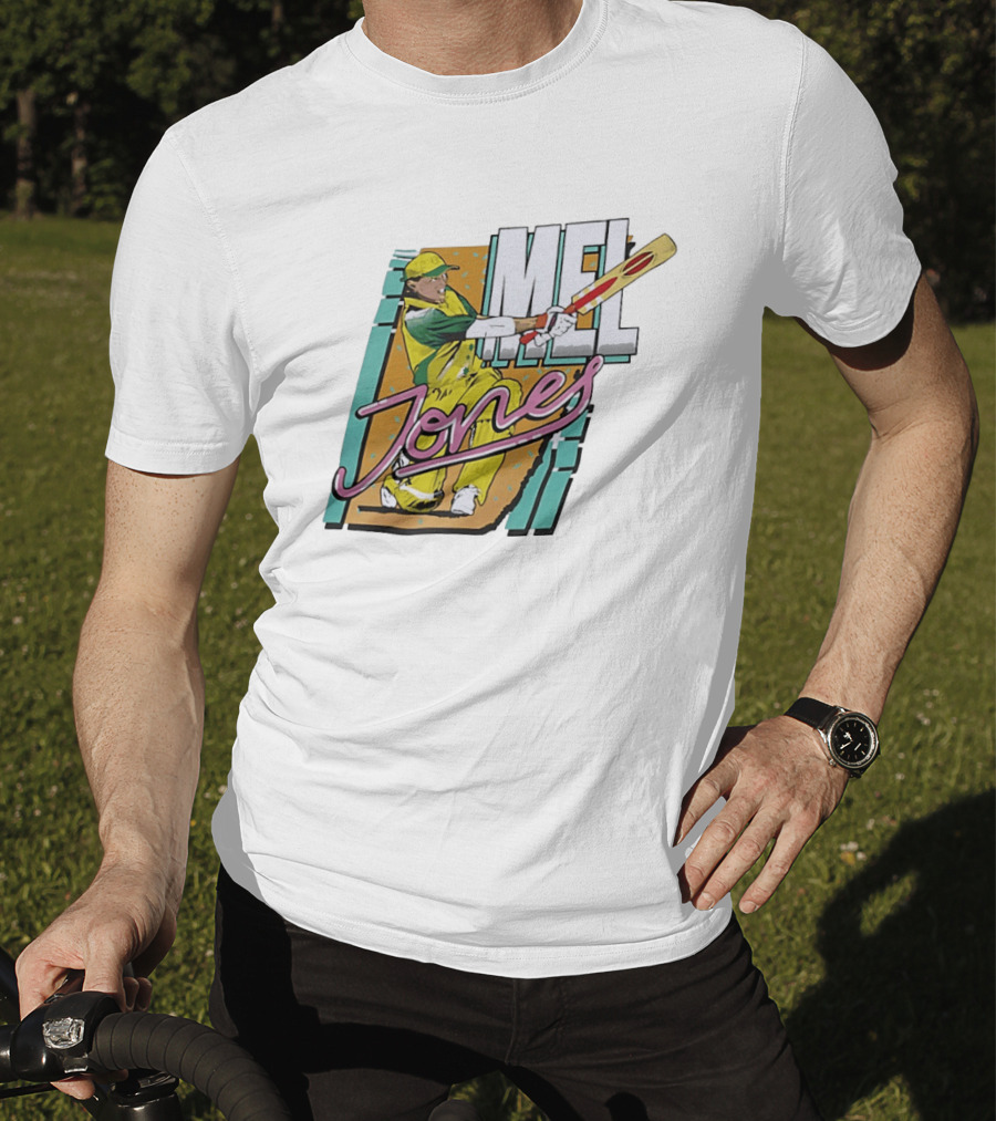 Mel Jones Cricket Caricature Batting Legend In Green And Gold T-Shirt