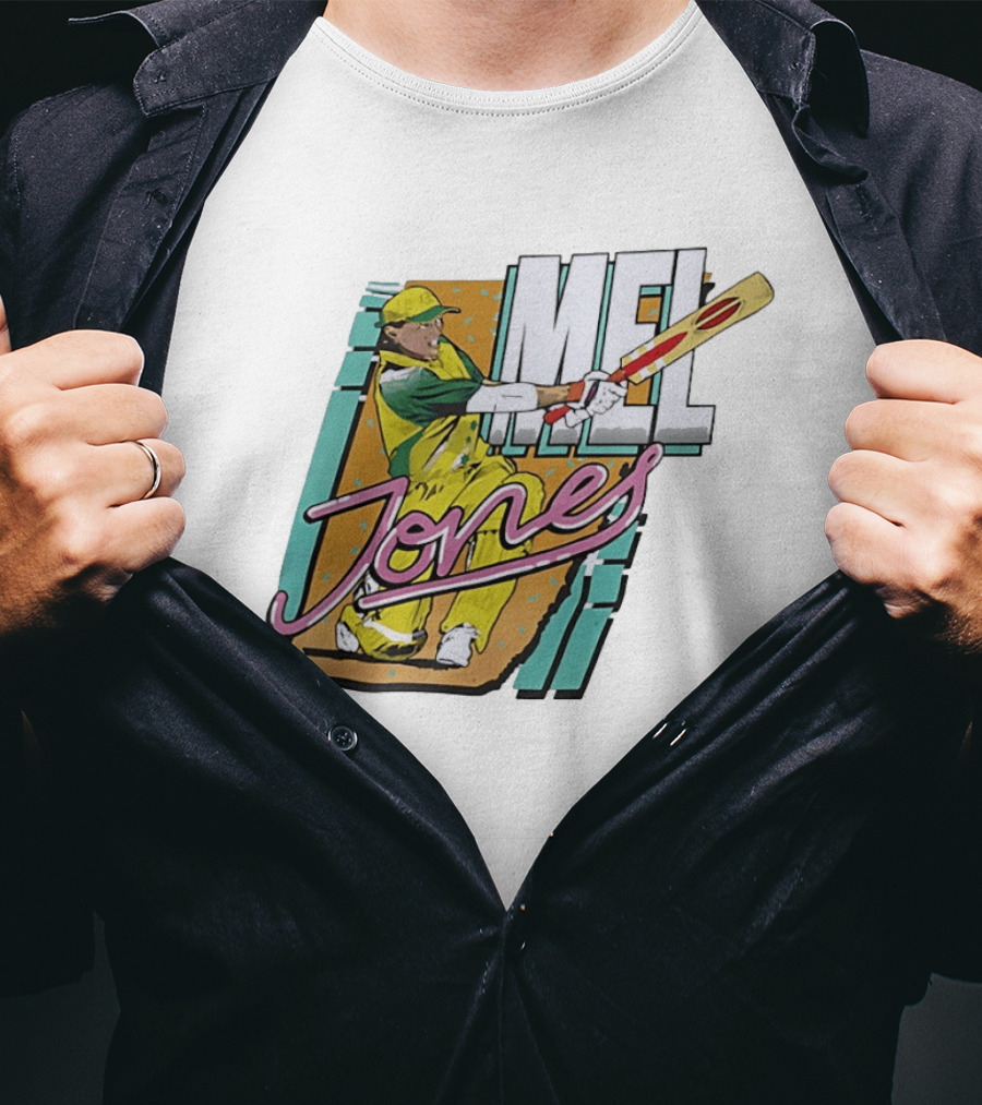 Mel Jones Cricket Caricature Batting Legend In Green And Gold T-Shirt