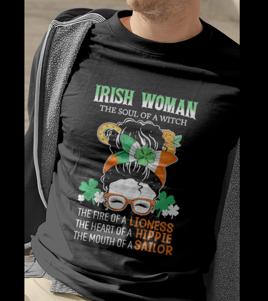 Irish Woman The Soul Of A Witch The Fire Of A Lioness The Heart Of A Hippie The Mouth Of A Sailor Shamrock Glasses Bandana T-Shirt