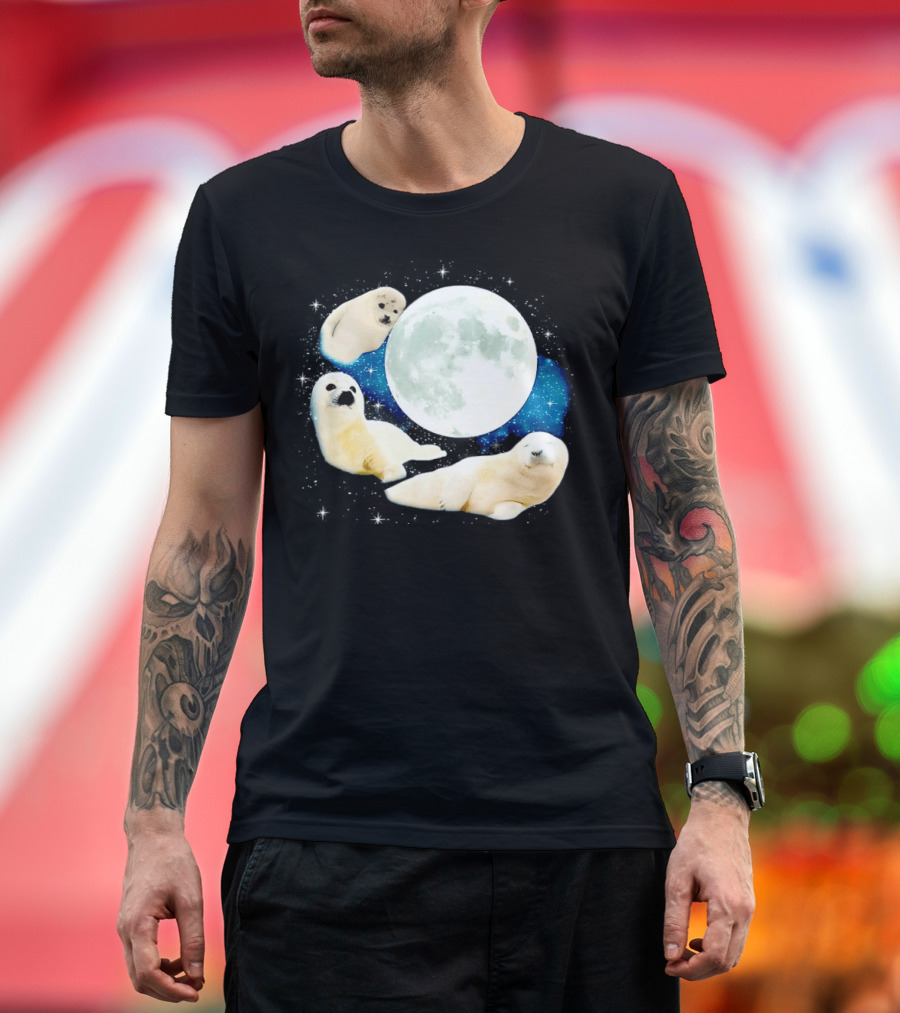 Adorable Seals Playfully Resting Under A Radiant Full Moonlit Sky With Cosmic Backdrop T-Shirt