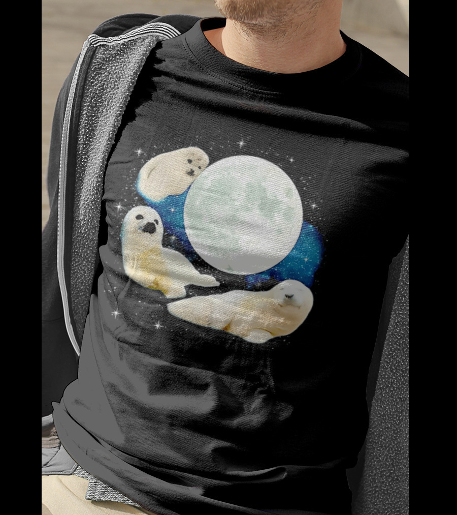Adorable Seals Playfully Resting Under A Radiant Full Moonlit Sky With Cosmic Backdrop T-Shirt
