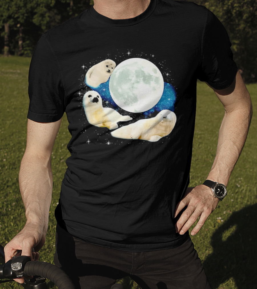 Adorable Seals Playfully Resting Under A Radiant Full Moonlit Sky With Cosmic Backdrop T-Shirt