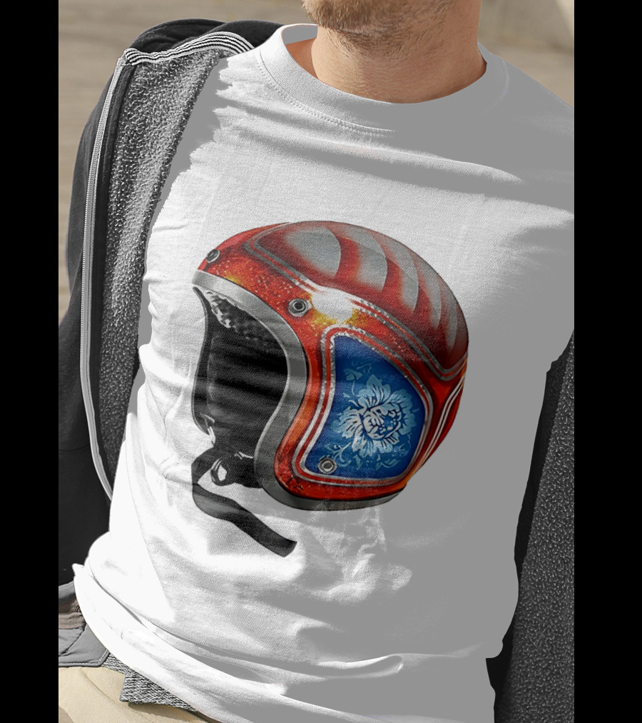 Blue Bloom Racer Helmet Red White Stripes Floral Blossom T-Shirt