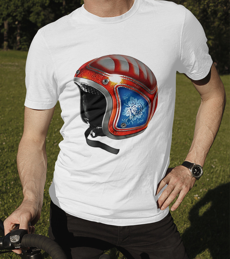 Blue Bloom Racer Helmet Red White Stripes Floral Blossom T-Shirt