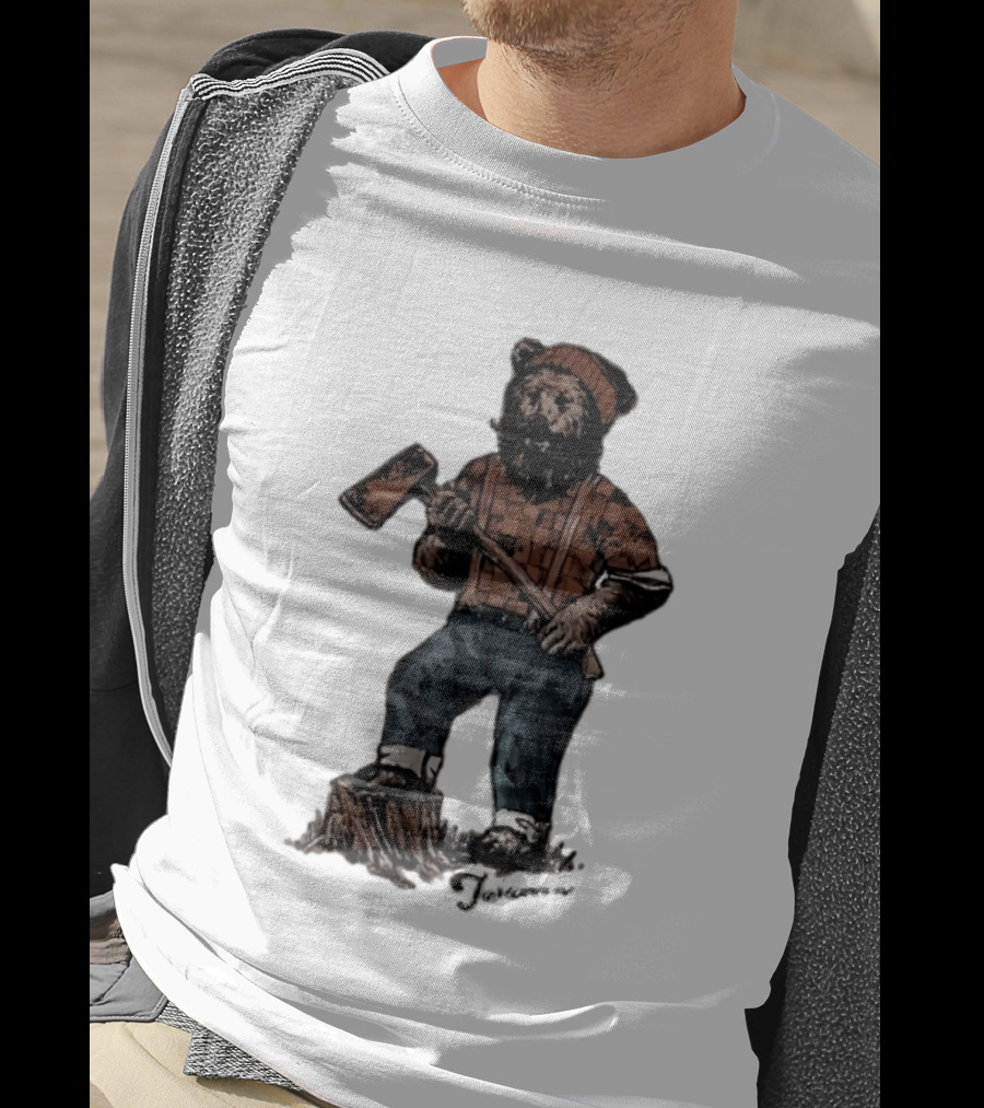 Lumberjack Bear Holding Axe Plaid Denim Jeans Beanie T-Shirt