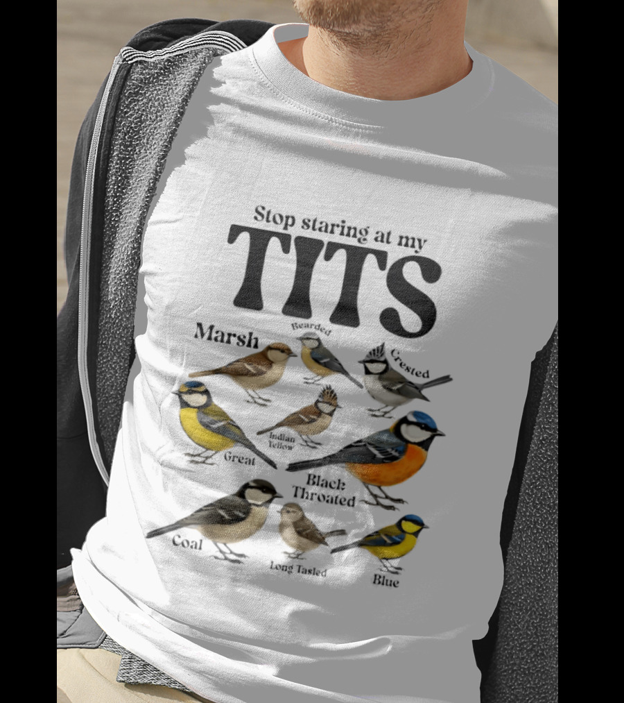 Stop Staring At My Tits Marsh Willow Crested Great Blue Long Tailed Coal Birds T-Shirt