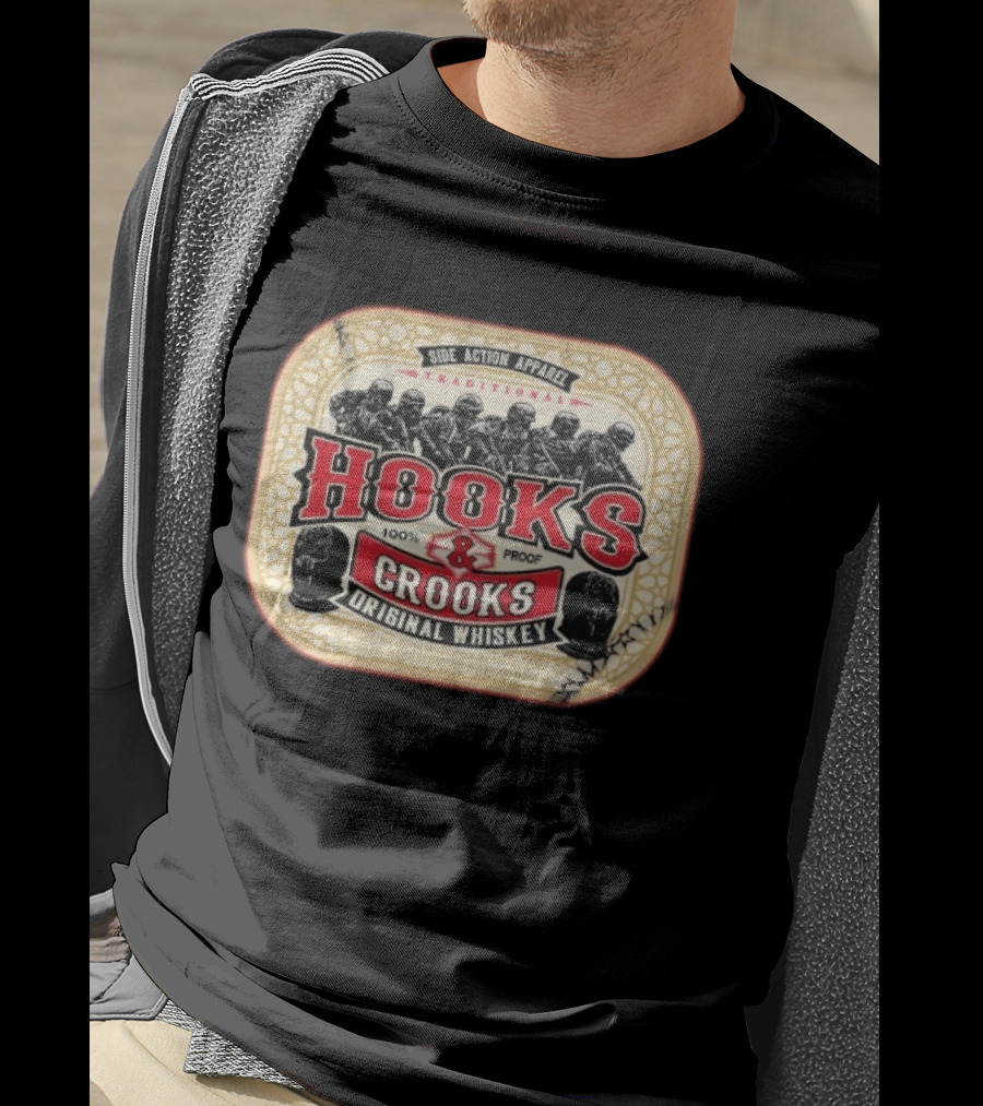Side Action Apparel Traditional Hooks Crooks Original Whiskey 100 Proof T-Shirt