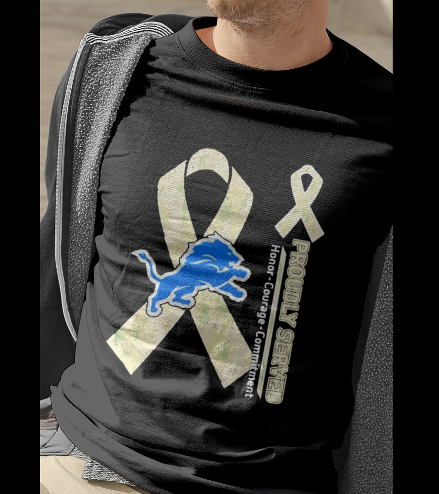 Detroit Lions Camo Ribbon Proudly Served Honor Courage Commitment T-Shirt