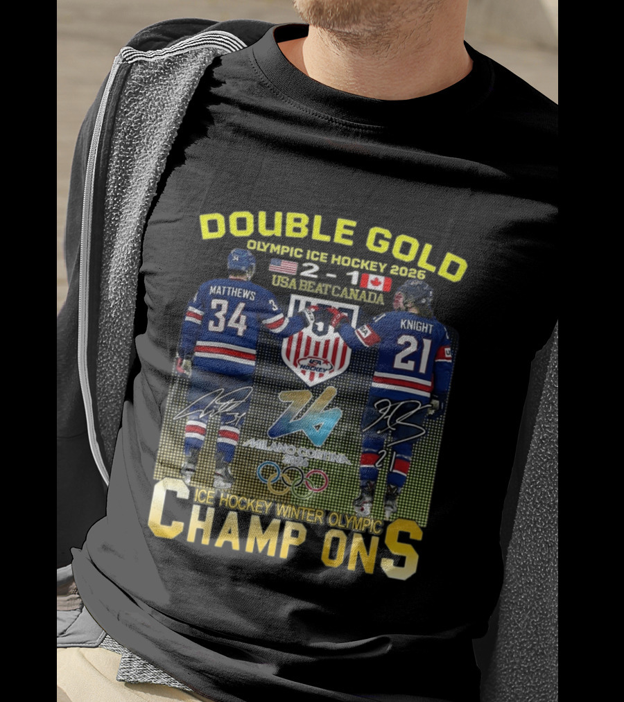 Double Gold Ice Hockey Winter Olympic Champions USA 2 1 Canada Matthews Knight 2026 Milano Cortina T-Shirt