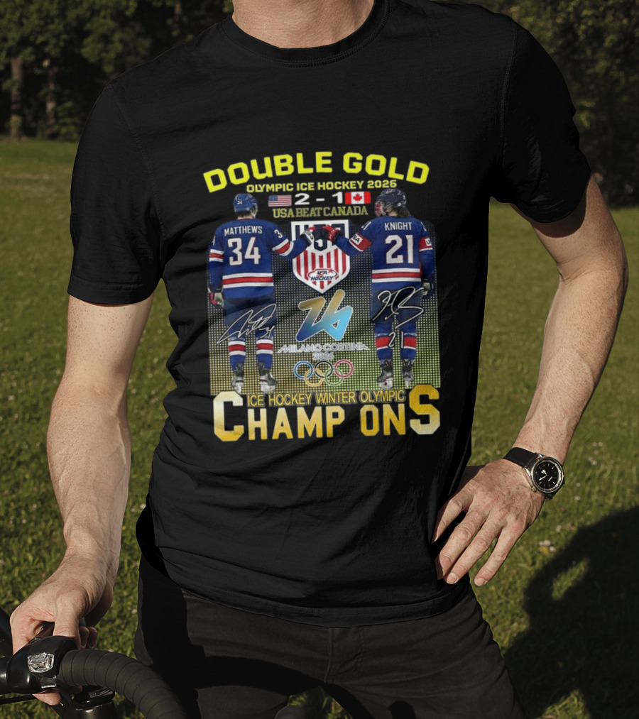 Double Gold Ice Hockey Winter Olympic Champions USA 2 1 Canada Matthews Knight 2026 Milano Cortina T-Shirt