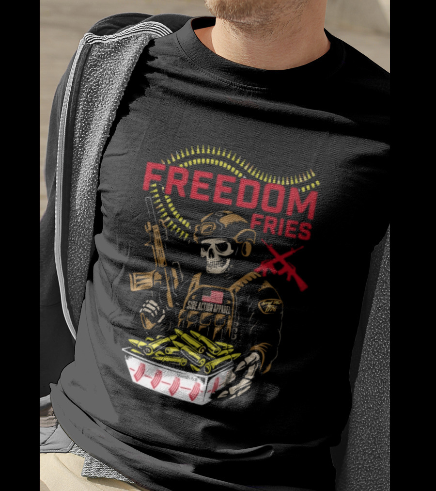 Freedom Fries Military Skeleton With USA Flag And Rifle T-Shirt