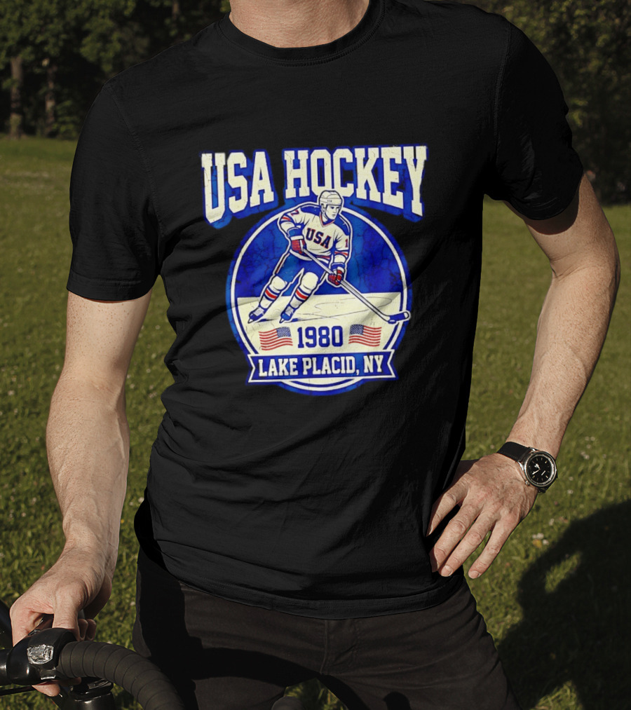 USA Hockey 1980 Lake Placid NY American Flag Ice Skater T-Shirt