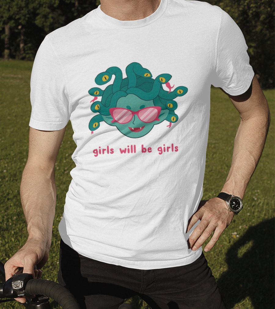 Green Medusa Head Pink Glasses Girls Will Be Girls T-Shirt