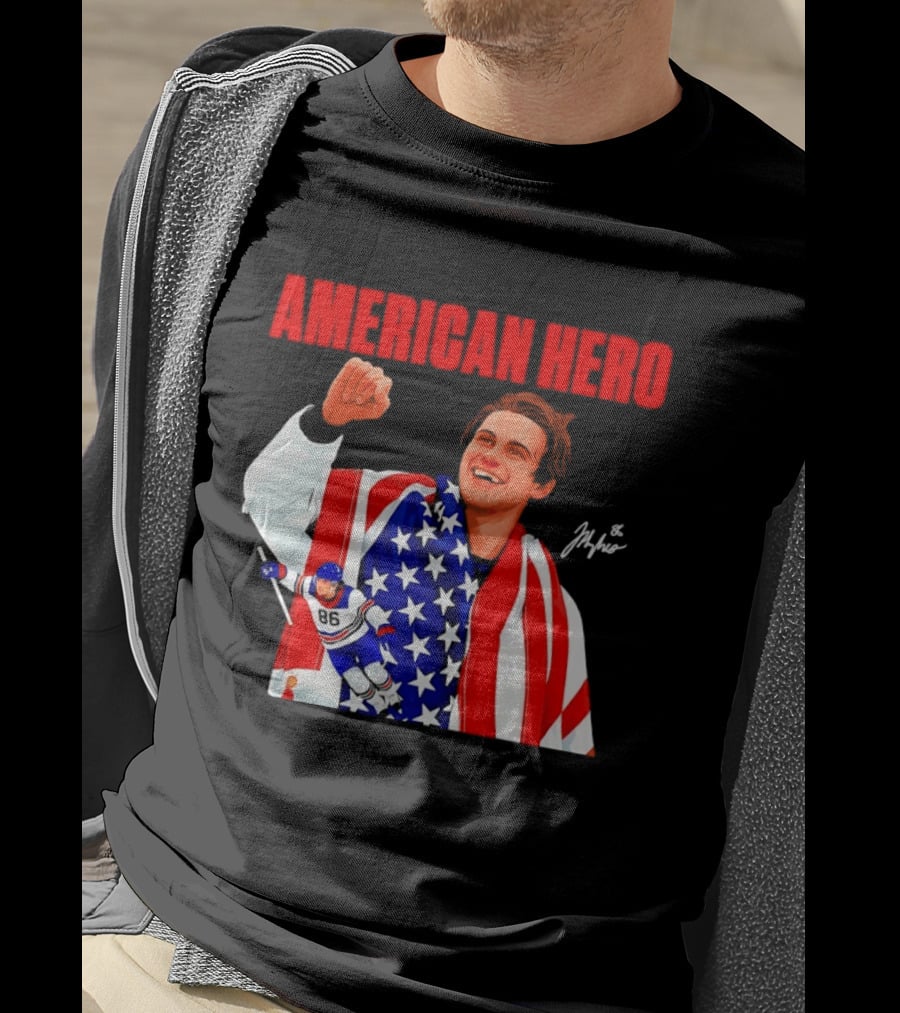 American Hero Jack Hughes USA Flag Hockey T-Shirt