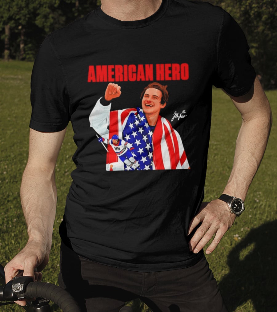 American Hero Jack Hughes USA Flag Hockey T-Shirt