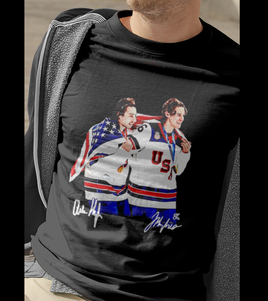 USA Hockey Golden Jack Hughes Jack Quinn American Flag Celebration T-Shirt