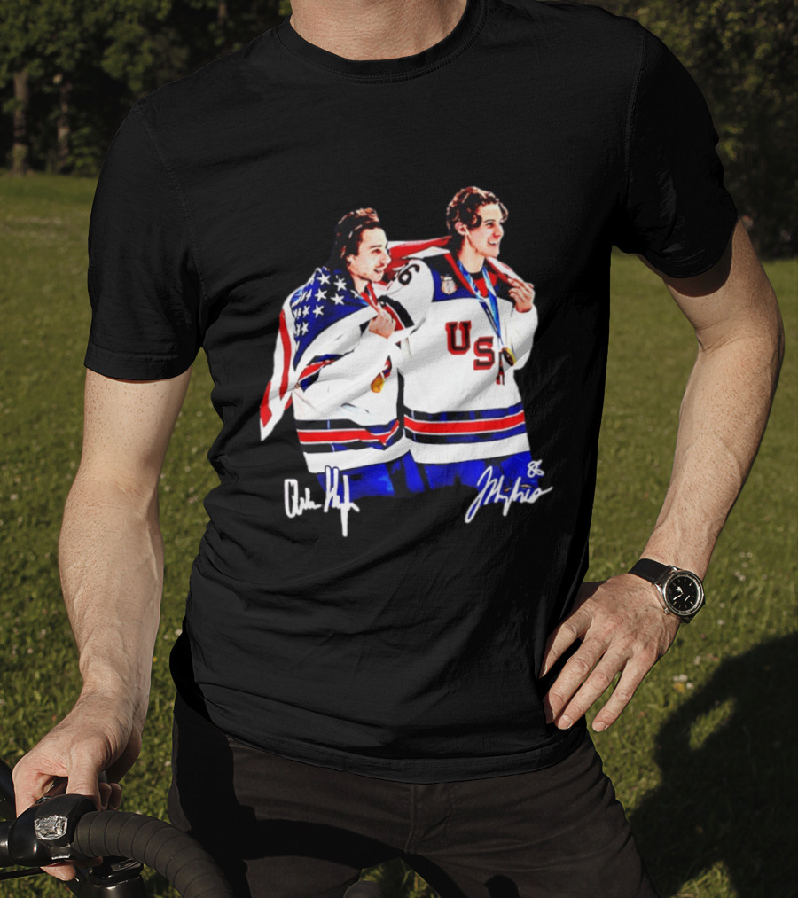 USA Hockey Golden Jack Hughes Jack Quinn American Flag Celebration T-Shirt