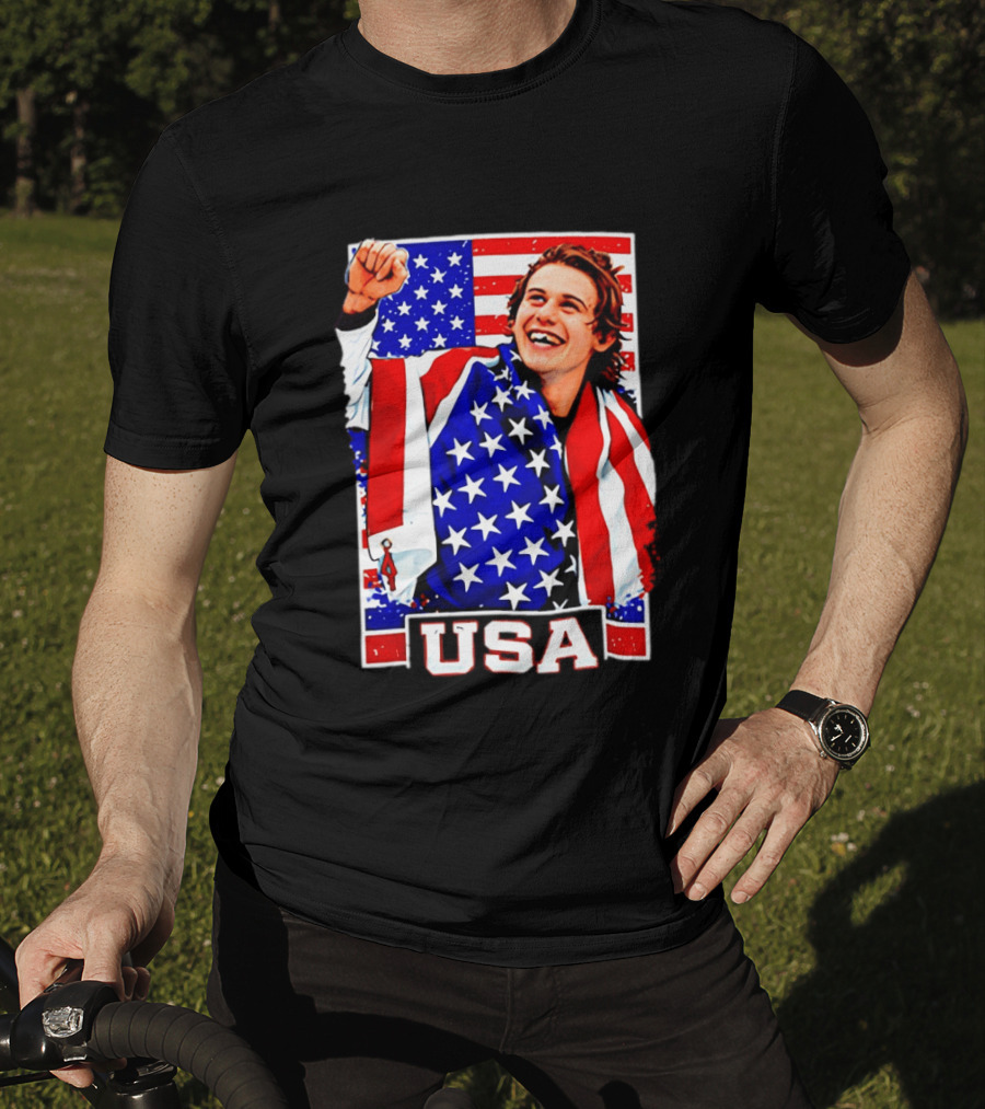 USA Flag Jack Hughes Olympic Hockey 2026 Golden Goal Celebration T-Shirt