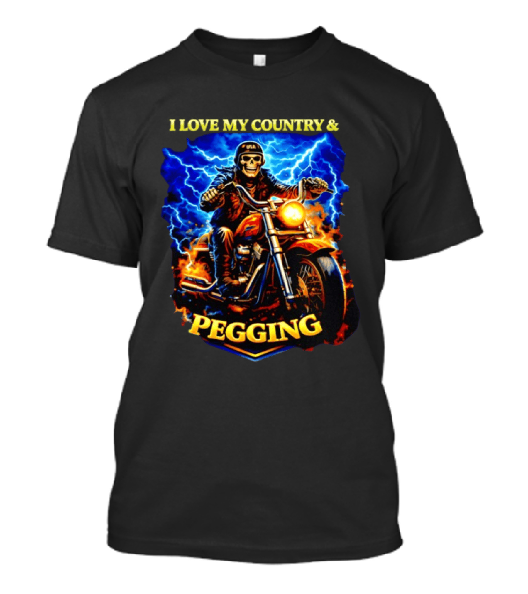 Skeleton USA Biker Riding Motorcycle I Love My Country Pegging T-Shirt