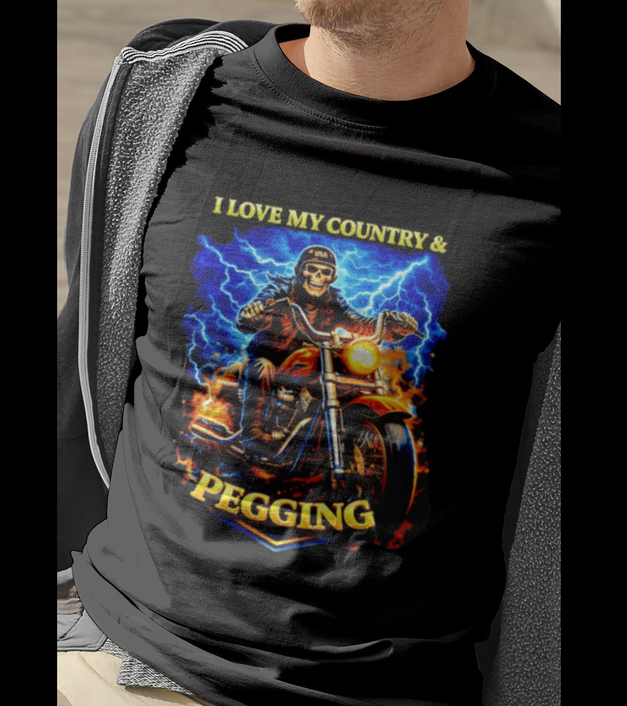 Skeleton USA Biker Riding Motorcycle I Love My Country Pegging T-Shirt