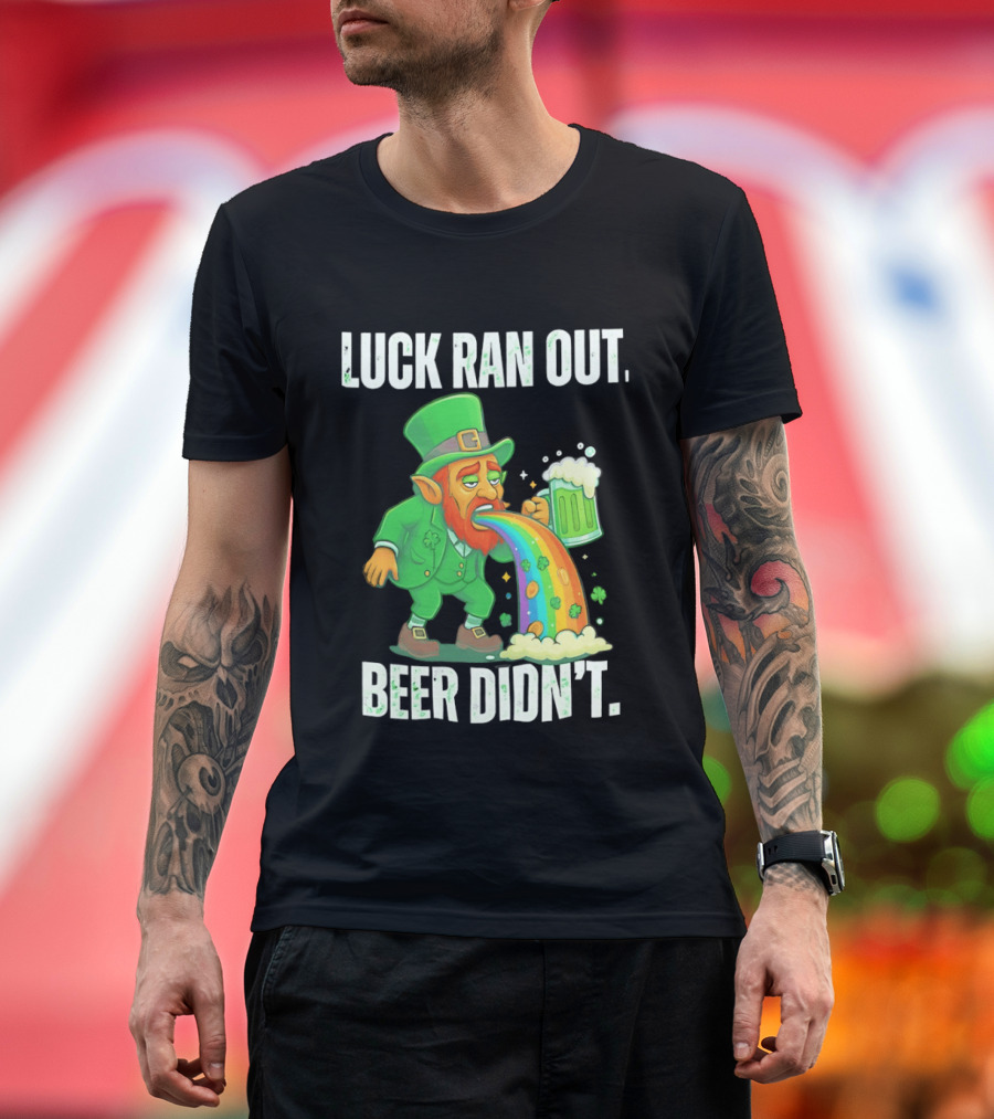 Leprechaun Drinking Beer Vomiting Rainbow Luck Ran Out St. Patrick's Day T-Shirt