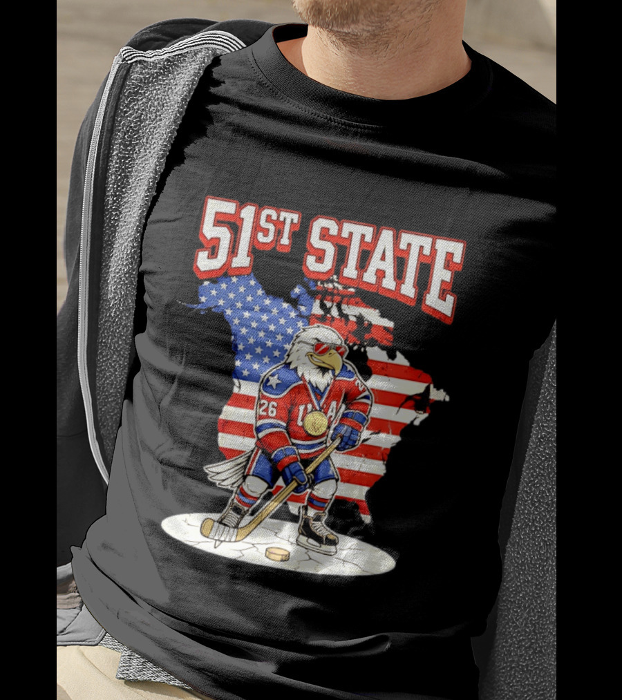 USA Team 51st State Hockey Eagle 26 Gold Medal T-Shirt