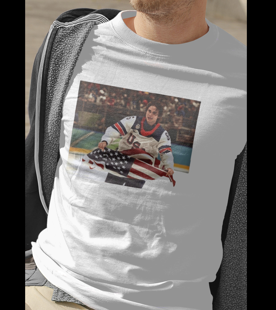 USA Hockey Jack Hughes American Flag Celebration T-Shirt