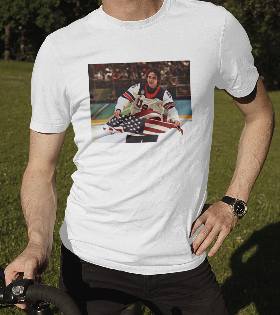 USA Hockey Jack Hughes American Flag Celebration T-Shirt