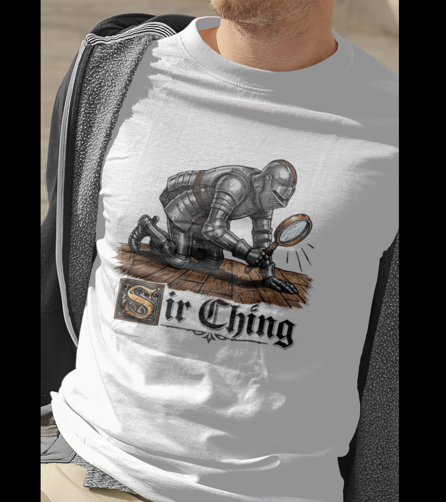 Sir Ching Medieval Knight With Magnifying Glass On Wooden Floor T-Shirt