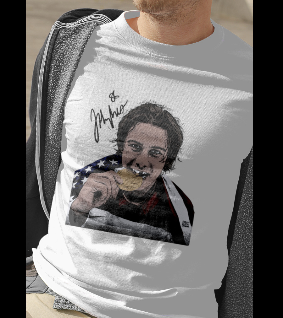 USA Hockey Jack Hughes Gold Medal Bite American Flag T-Shirt