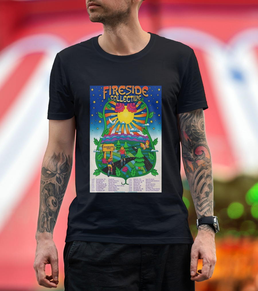 Fireside Collective Spring Tour 2026 Vibrant Cycling Adventure In Scenic Nature Landscape With Sunburst And Stars T-Shirt