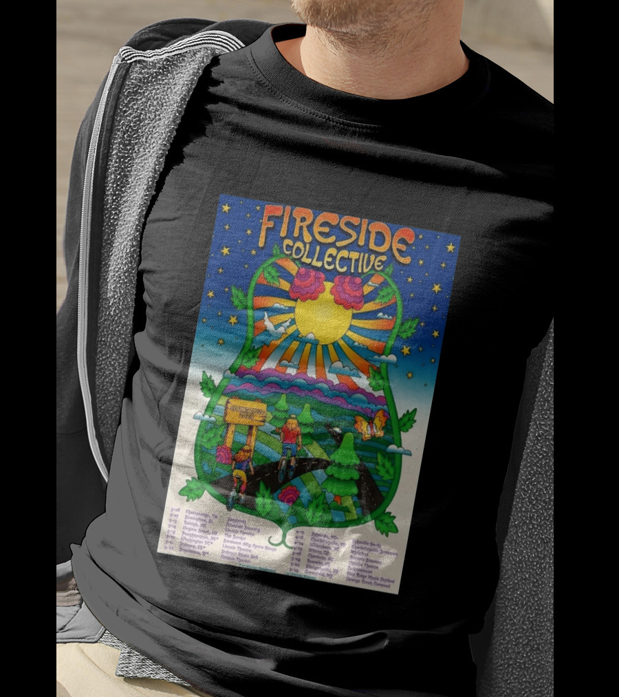 Fireside Collective Spring Tour 2026 Vibrant Cycling Adventure In Scenic Nature Landscape With Sunburst And Stars T-Shirt