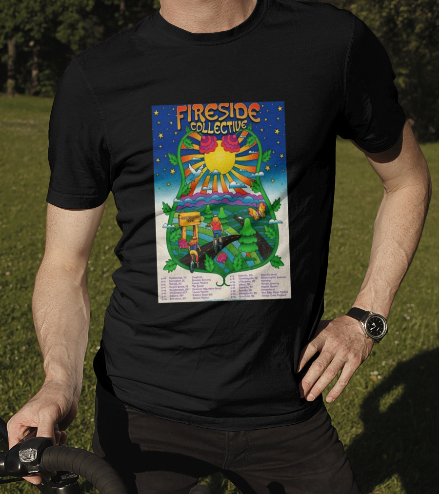 Fireside Collective Spring Tour 2026 Vibrant Cycling Adventure In Scenic Nature Landscape With Sunburst And Stars T-Shirt
