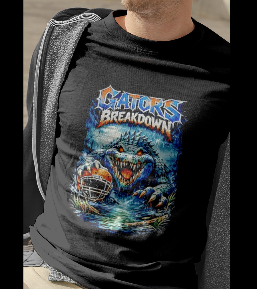 Gators Breakdown Swamp Metal Alligator With Football Helmet And Lightning T-Shirt