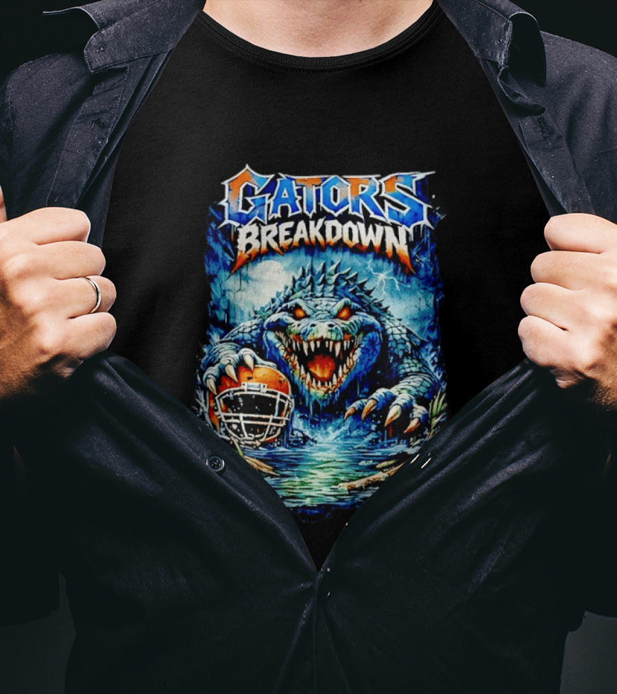 Gators Breakdown Swamp Metal Alligator With Football Helmet And Lightning T-Shirt