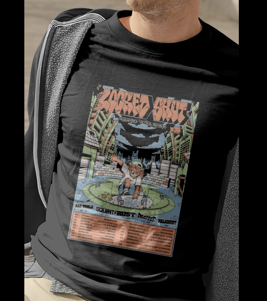 LOCKED SHUT Tour Spring 2026 Skateboarder Urban Scene Bad World Squint Rust Deplete Maladjust Dates T-Shirt