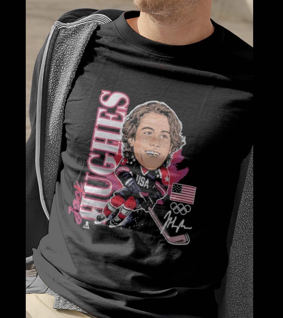 USA Hockey Jack Hughes Olympic Gold Medal Caricature With American Flag And Signature T-Shirt