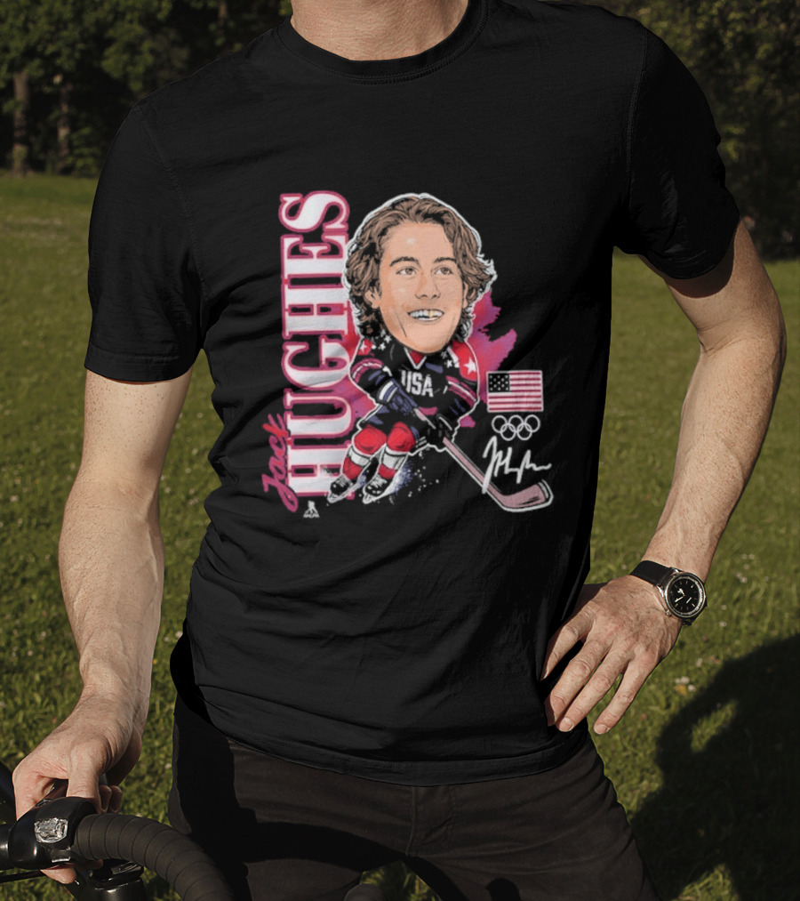 USA Hockey Jack Hughes Olympic Gold Medal Caricature With American Flag And Signature T-Shirt