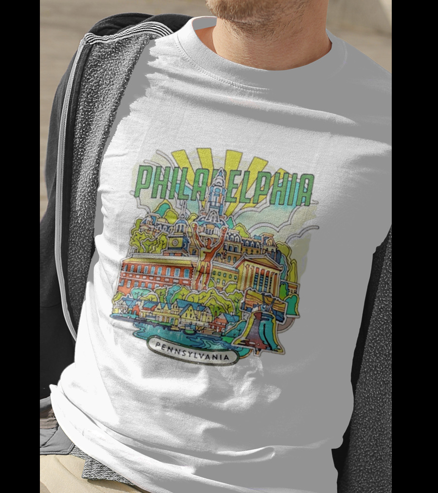 Philadelphia Pennsylvania Skyline Landmark Icons Liberty Bell Art Deco T-Shirt