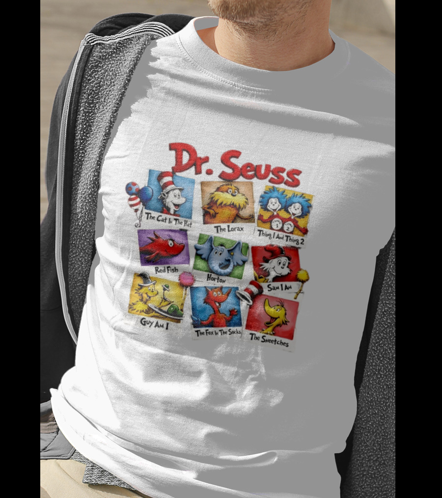 Dr. Seuss The Cat In The Hat The Lorax Thing 1 And Thing 2 Red Fish Horton Sam I Am Guy Am I The Fox In The Socks The Sneetches T-Shirt