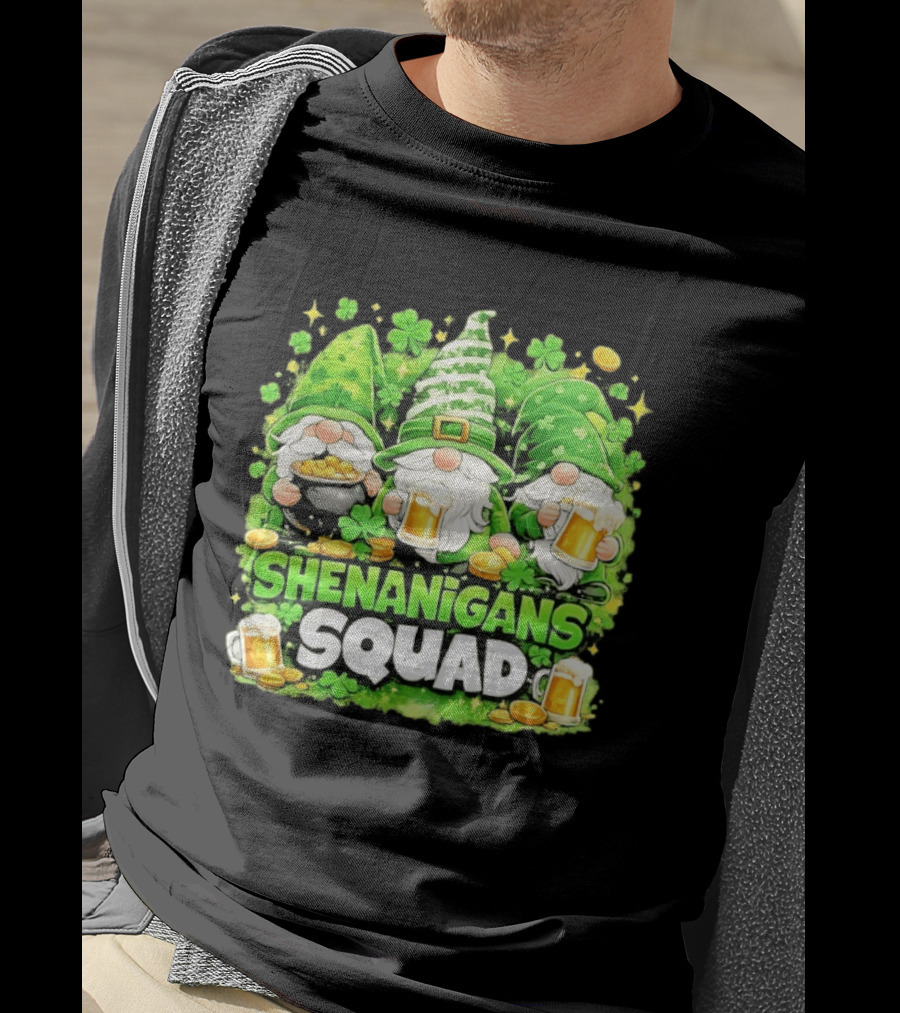 Shenanigans Squad St Patrick's Day Irish Gnomes Beer S And Clover Coins T-Shirt
