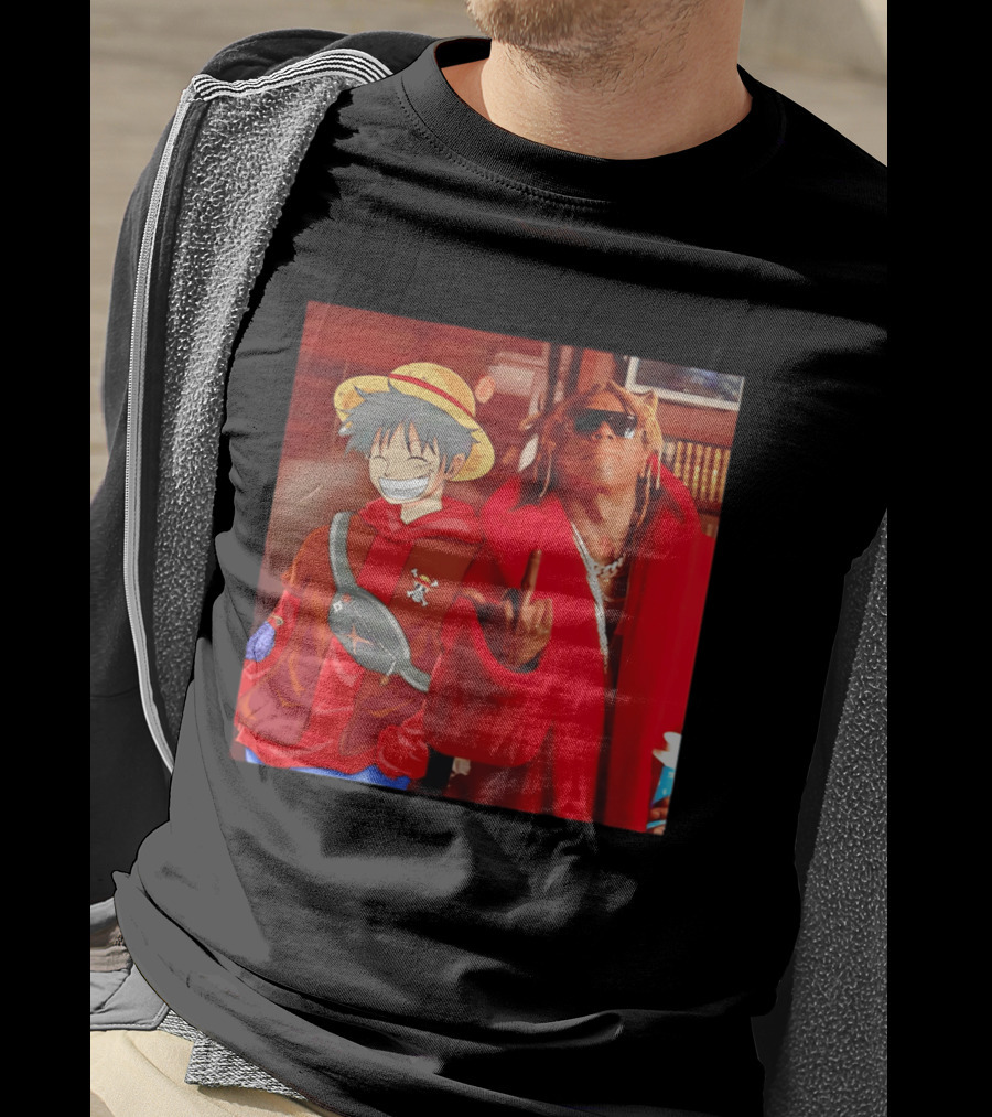 Lil Gum Monkey D. Luffy And Rapper Red Coat Outfit Fusion T-Shirt