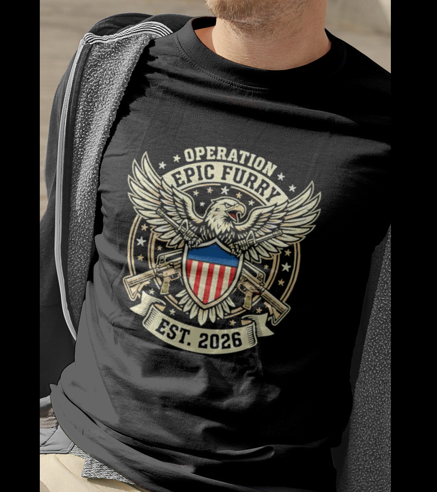 Operation Epic Furry Eagle Emblem Est 2026 Stars And Stripes Shield T-Shirt
