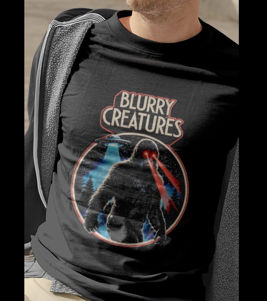 Blurry Creatures Bigfoot Laser Eyes UFO Forest T-Shirt